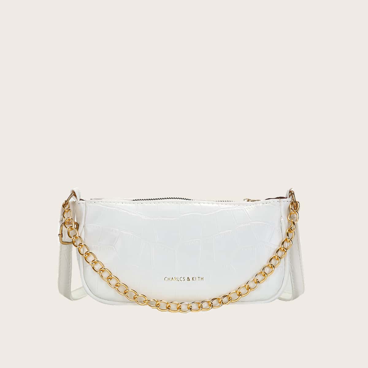 

Croc Embossed Chain Baguette Bag, White