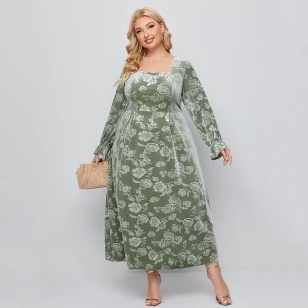 

Plus All Over Floral Print Flounce Sleeve Velvet Dress, Green