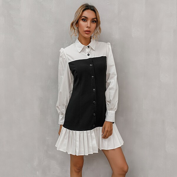 

Lantern Sleeve Button Front Pleated Hem Two Tone Dress, Black and white