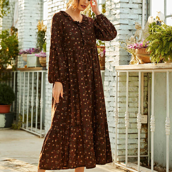 

Ruffle Trim Ditsy Floral Smock Dress, Chocolate brown