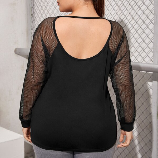 

Plus Cut Out Back Contrast Mesh Sports Tee, Black