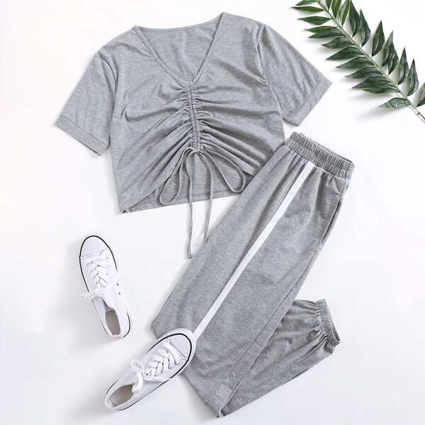 

Drawstring Tee & Side Tape Joggers, Grey