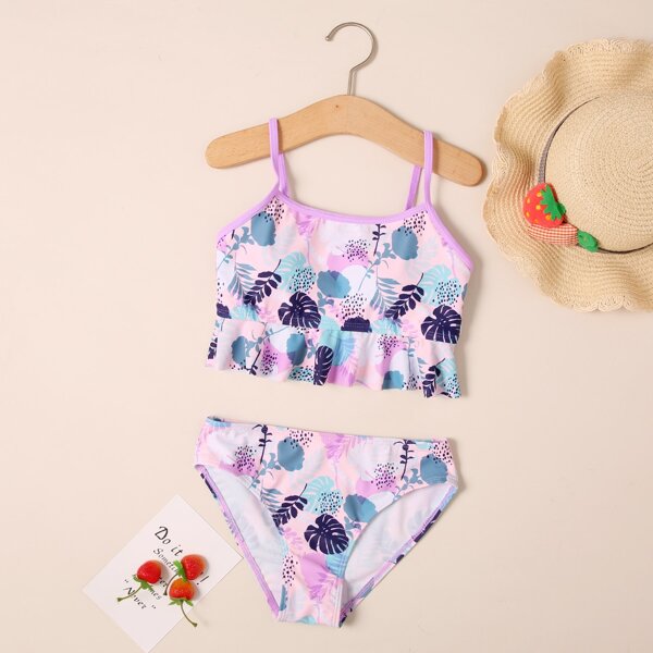 

Girls Tropical Ruffle Hem Bikini Swimsuit, Multicolor