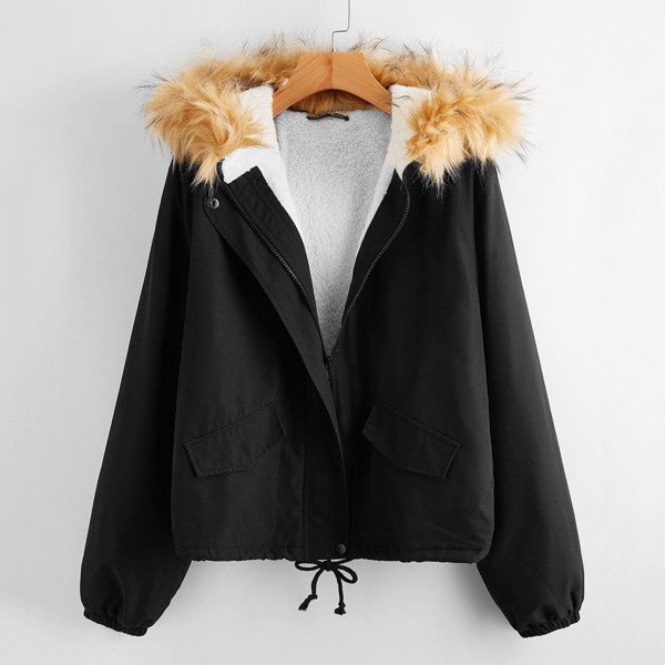 

Fleece Lined Fuzzy Hooded Jacket, Black
