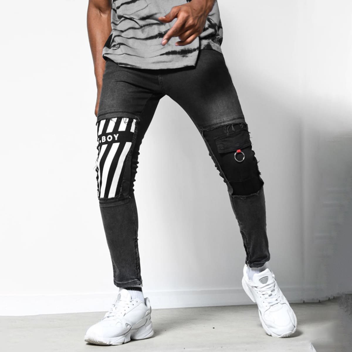 

Guys Letter & Striped Skinny Jeans, Black