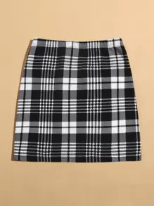 SHEIN Essnce Slit Hem Plaid Skirt - Black and White - View 2