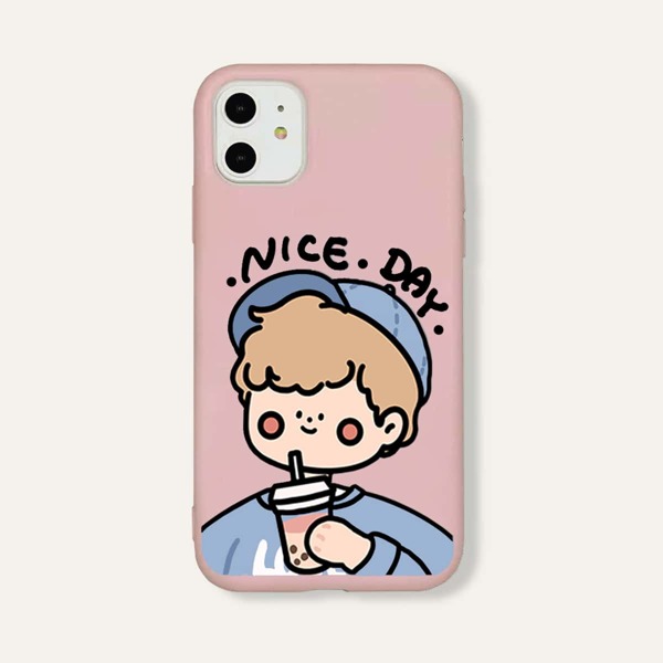 

Cartoon Figure Graphic iPhone Case, Pink
