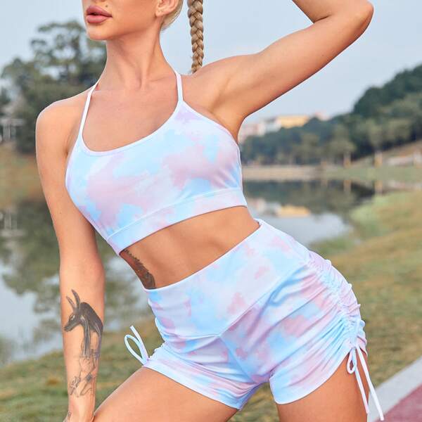 

Tie Dye Halter Sports Bra & Drawstring Biker Shorts, Multicolor