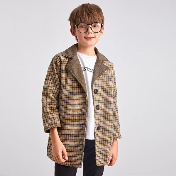 

Boys Plaid Lapel Collar Overcoat, Multicolor