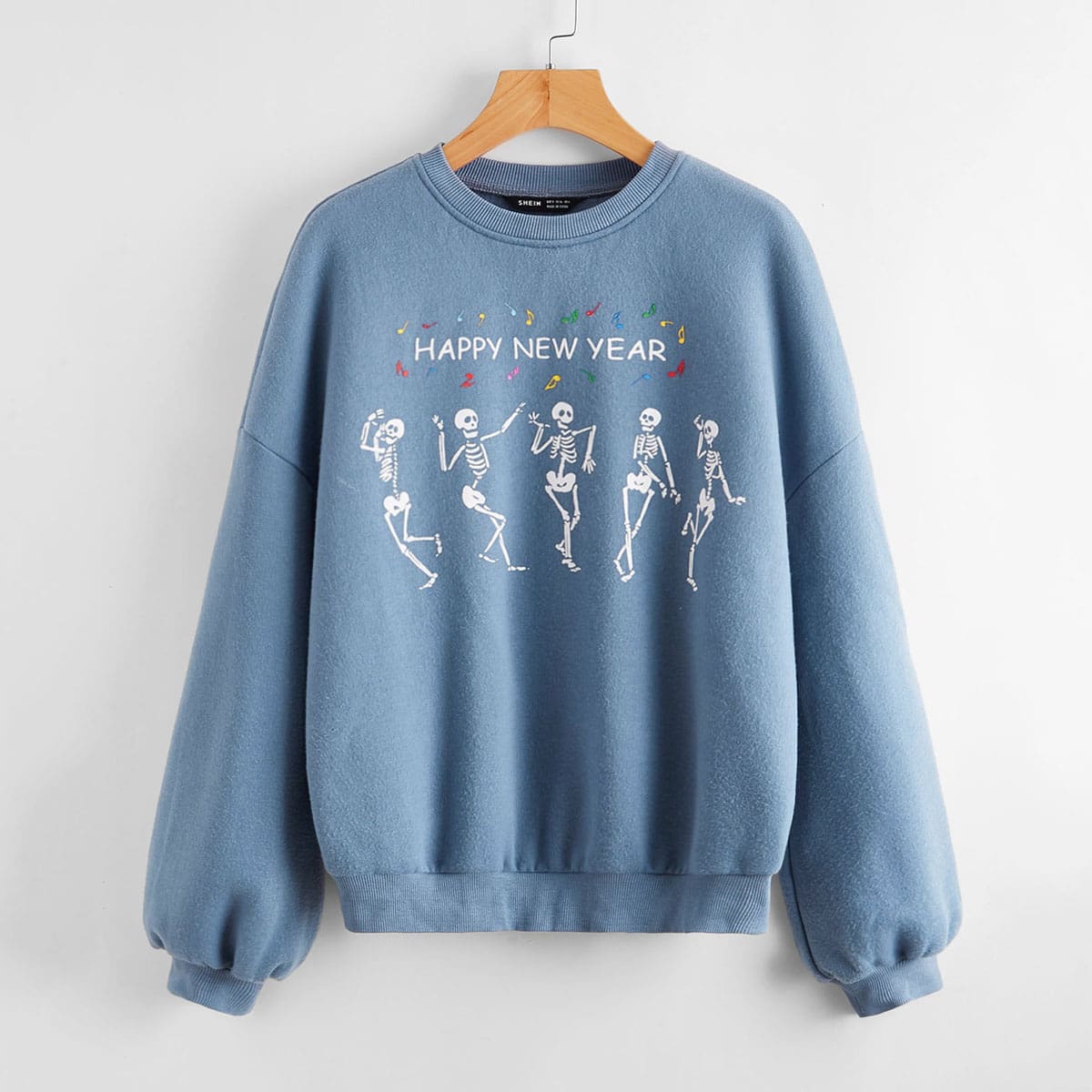 

Drop Shoulder Skeleton & Slogan Print Pullover, Baby blue