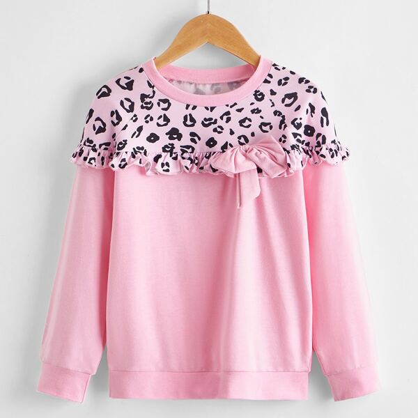 

Girls Graphic Print Bow Front Ruffle Trim Sweatshirt, Baby pink