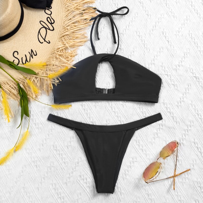 

Cut Out Halter Thong Bikini Swimsuit, Black
