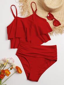 SHEIN Swim Summer Beach Solid Tankini Set Hanky Hem Flowy Cami Top & Ruched High Waisted Bottom 2 Piece Bathing Suit - Red - View 1