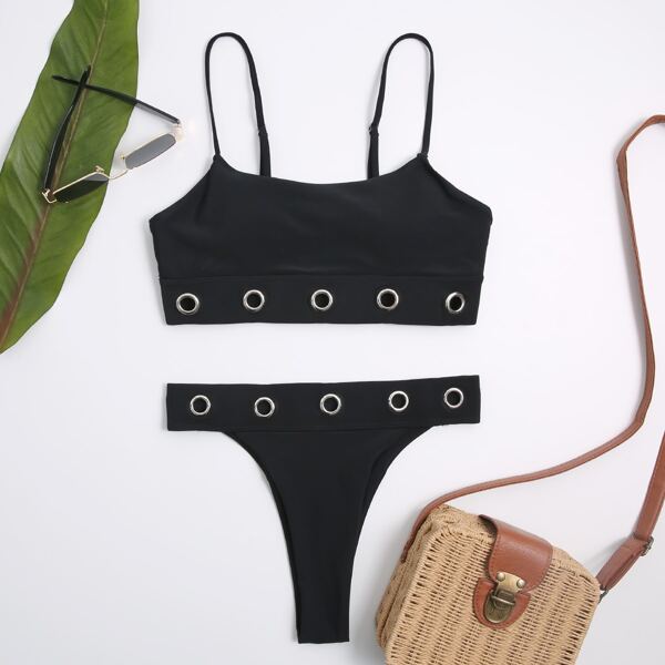 

Eyelet Decor High Cut Bikini Swimsuit, Black