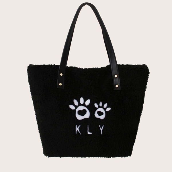 

Cartoon Paw Embroidered Fluffy Tote Bag, Black