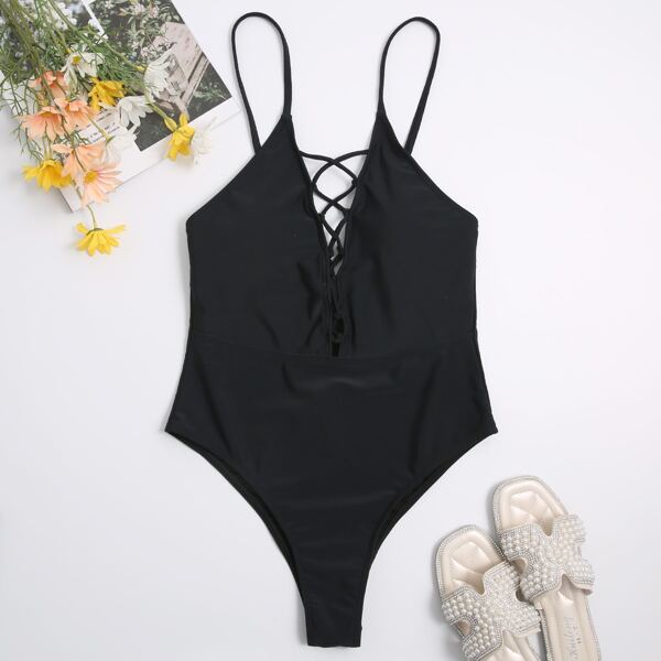 

Crisscross Front One Piece Swimsuit, Black