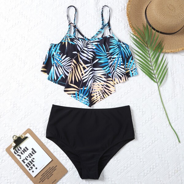 

Palm Leaf Print Hanky Hem Bikini Swimsuit, Multicolor