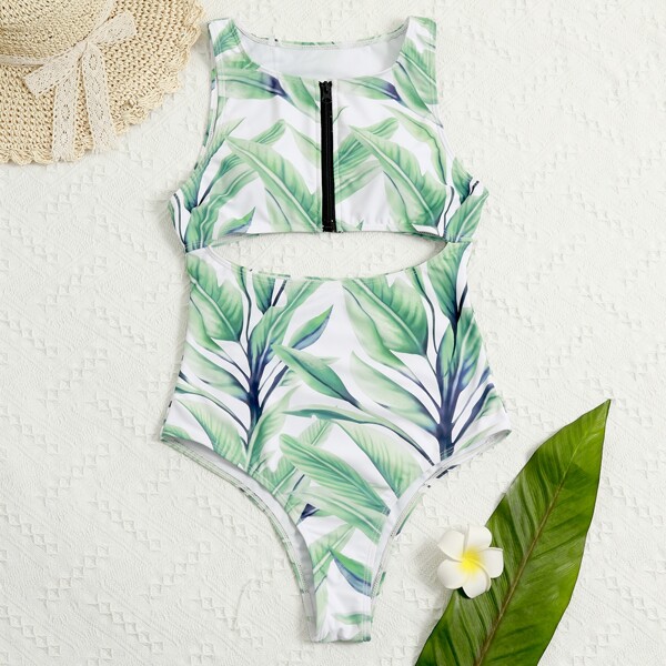 

Plant Print Cut-out Zip Front One Piece Swimsuit, Multicolor