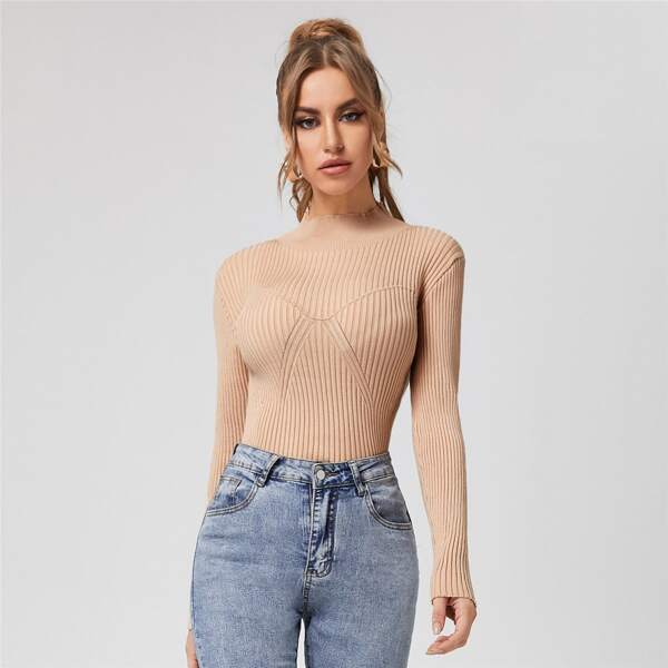 

Mock Neck Ribbed Knit Sweater, Apricot