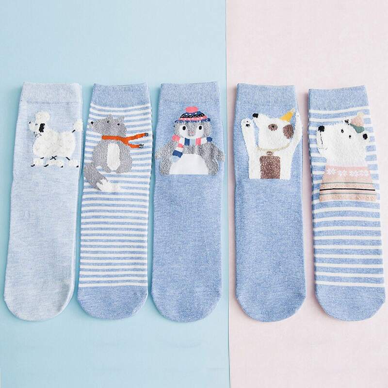 

5pairs Cartoon Pattern Striped Socks, Blue