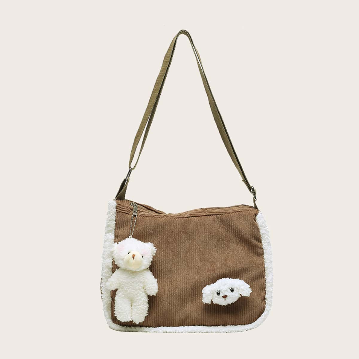 

Corduroy Crossbody Bag With Bear Bag Charm, Khaki
