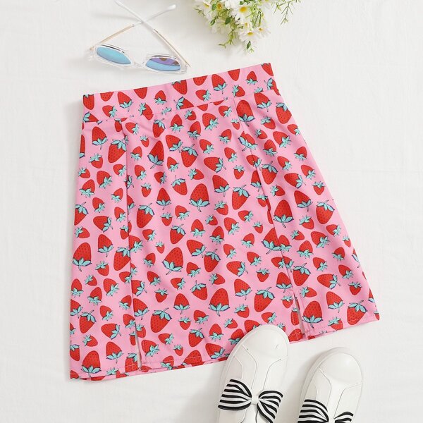 

Plus Strawberry Print Split Hem Skirt, Pink