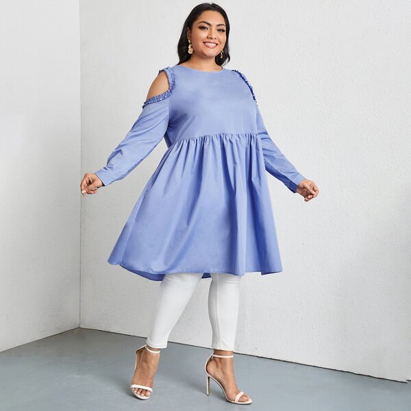 

Plus Frill Trim Cold Shoulder Smock Dress, Baby blue