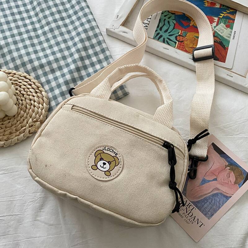 

Cartoon Bear Canvas Satchel Bag, Beige