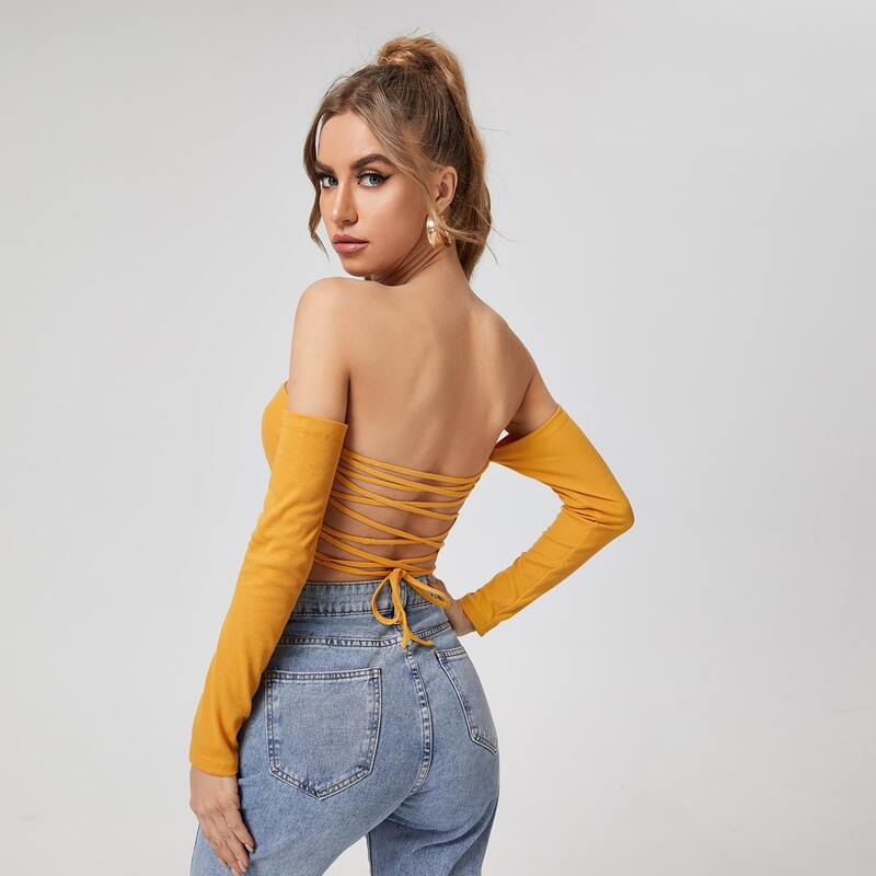 

Tie Backless Crop Bardot Top, Yellow