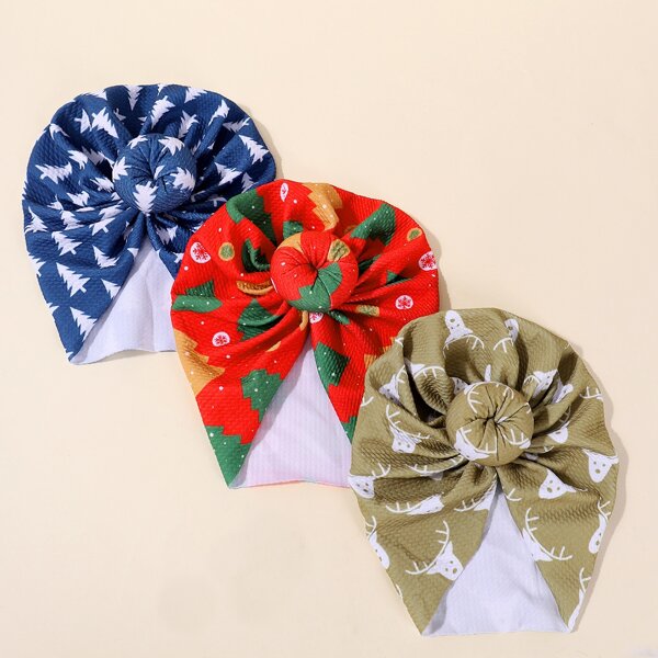 

3pcs Baby Christmas Tree Pattern Turban Hat, Multicolor