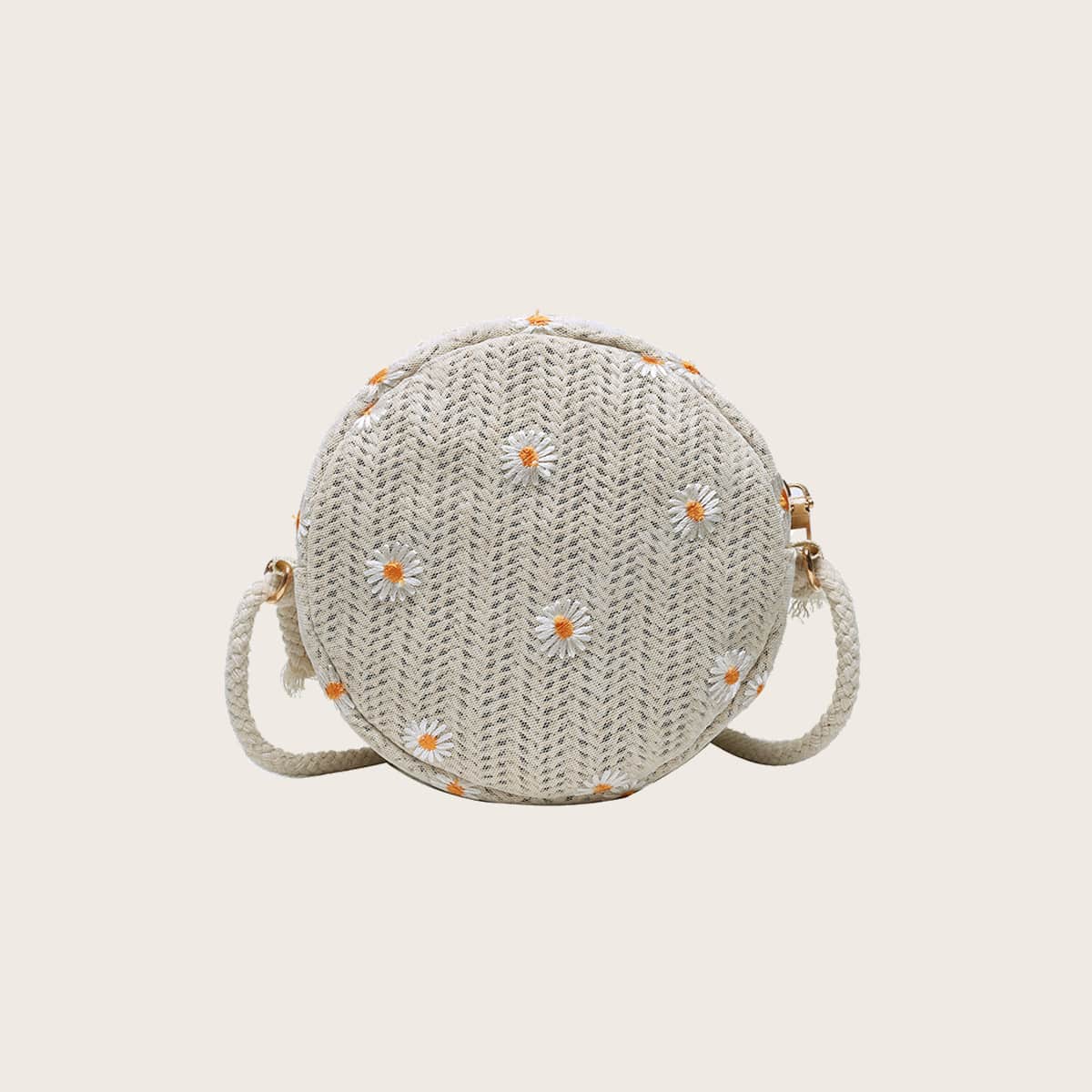 

Daisy Round Straw Crossbody Bag, Beige