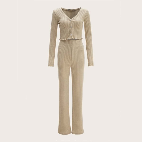 

Lettuce Trim Button Up Top With Pants, Apricot