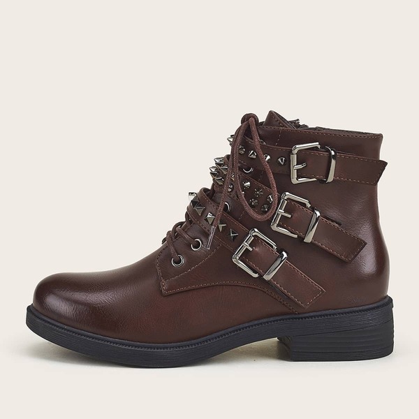 

Spiked & Buckle Decor Combat Boots, Brown