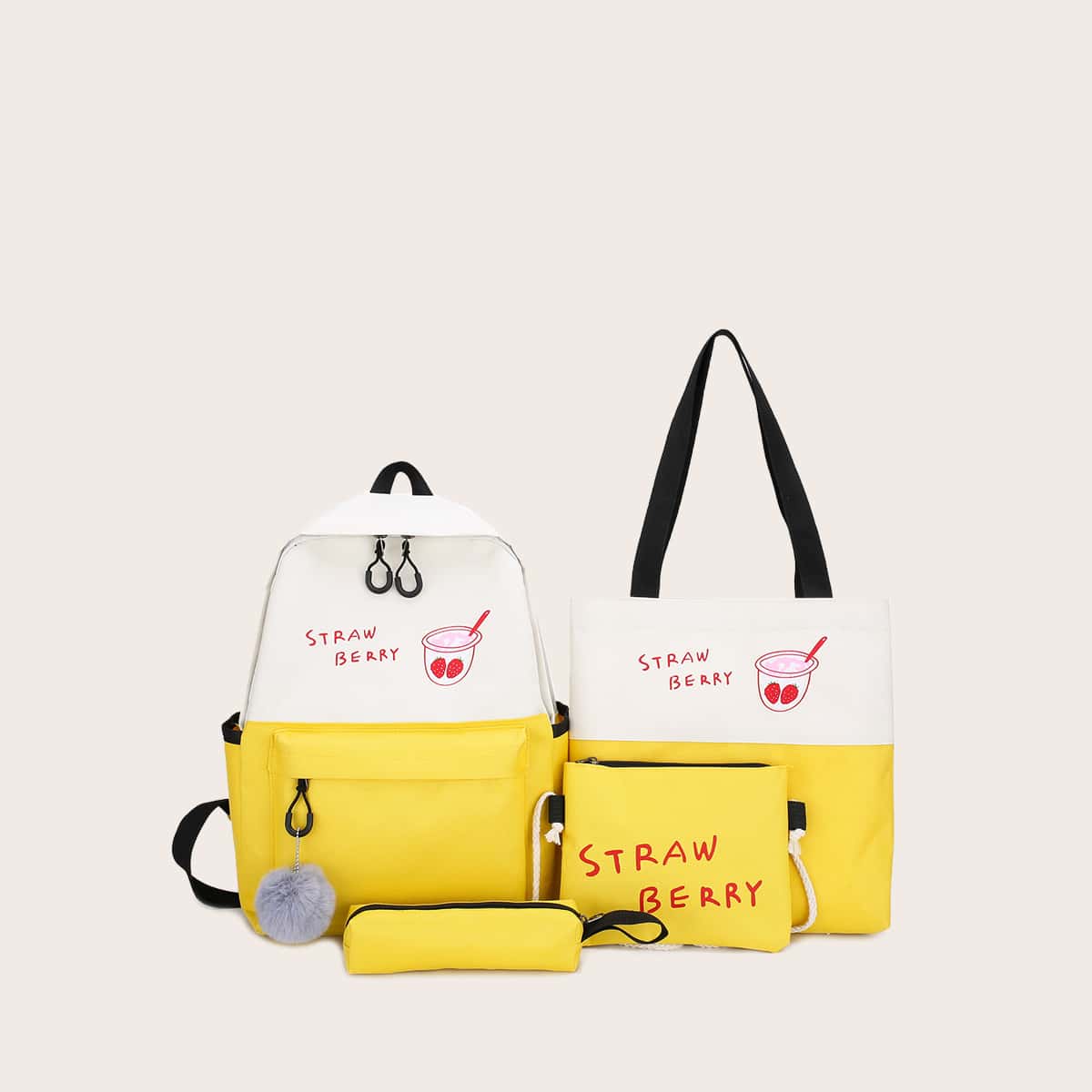 

4pcs Pom Pom Charm Letter Graphic Backpack Set, Yellow