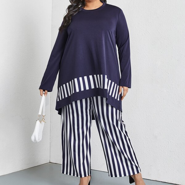 

Plus Striped High Low Tunic & Pants, Blue and white