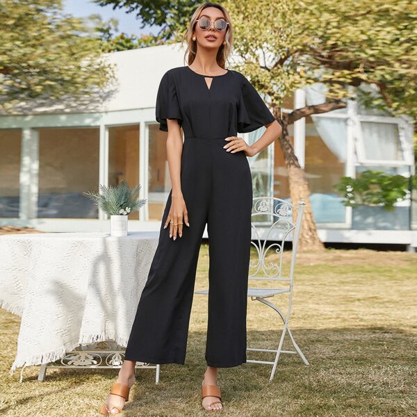 

Solid Wide Leg Peekaboo Jumpsuit, Black