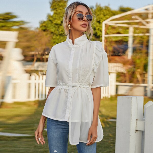 

Ruffle Trim Contrast Mesh Belted Blouse, White
