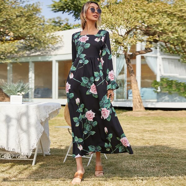 

Plants Print Flounce Sleeve Dress, Black
