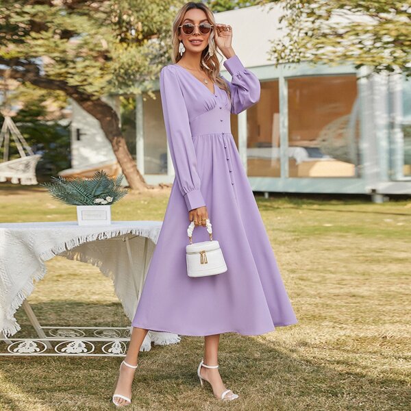 

Button Front High Waist Solid Dress, Lilac purple