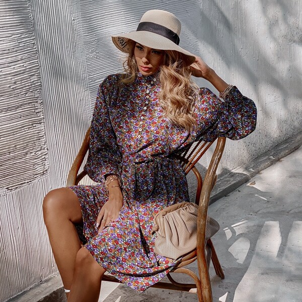 

Ditsy Floral Button Detail Belted Midi Dress, Multicolor