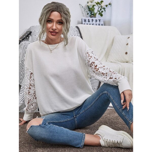 

Contrast Lace Dop Shoulder Sweatshirt, White