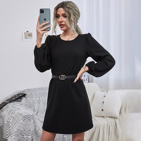 

Solid Bishop Sleeve Belted Dress, Black