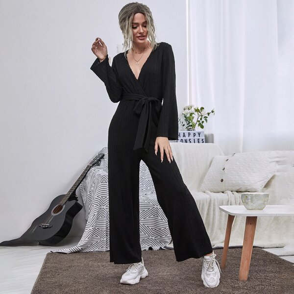 

Solid Belted Surplice Front Jumpsuit, Black