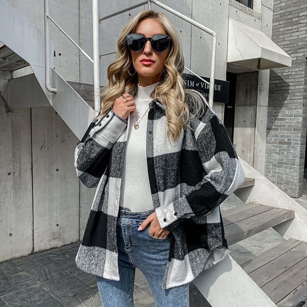 

Plaid Wool-mix Oversized Coat, Black and white
