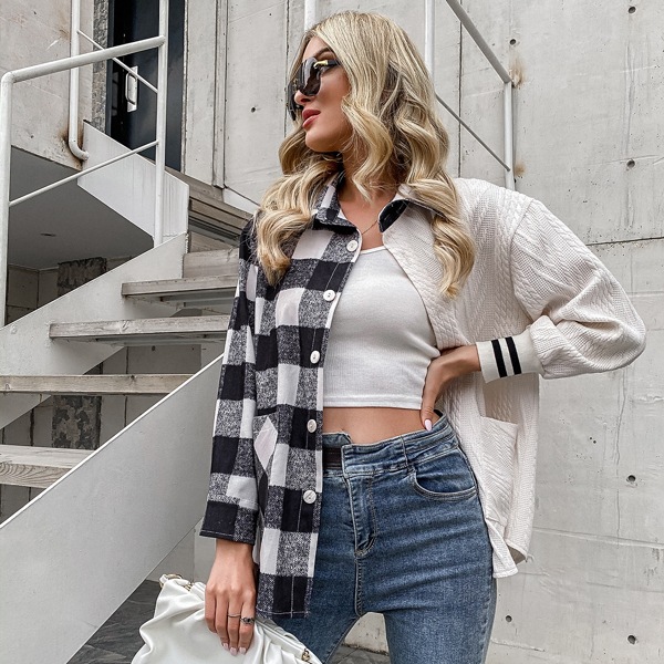 

Buffalo Plaid Spliced Button Up Coat, Black and white