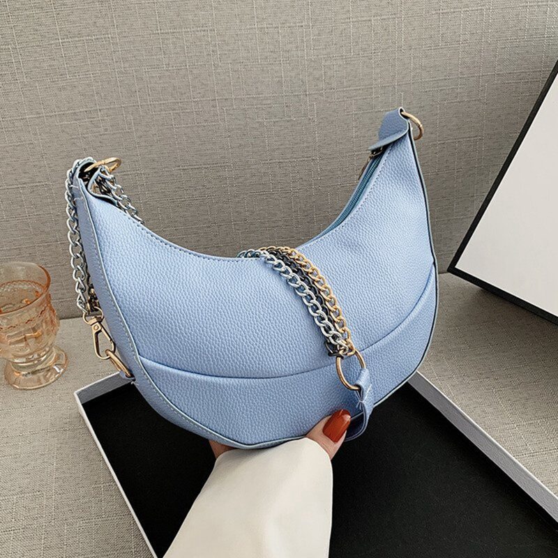 

Moon Shaped Chain Crossbody Bag, Baby blue