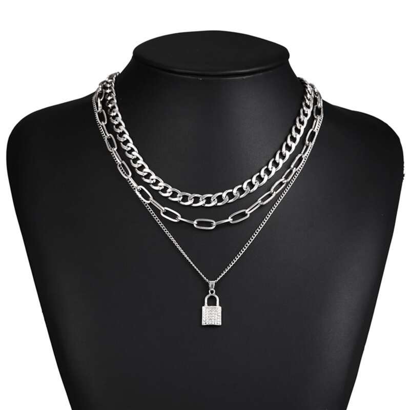 

Rhinestone Lock Layered Chain Necklace, Silver