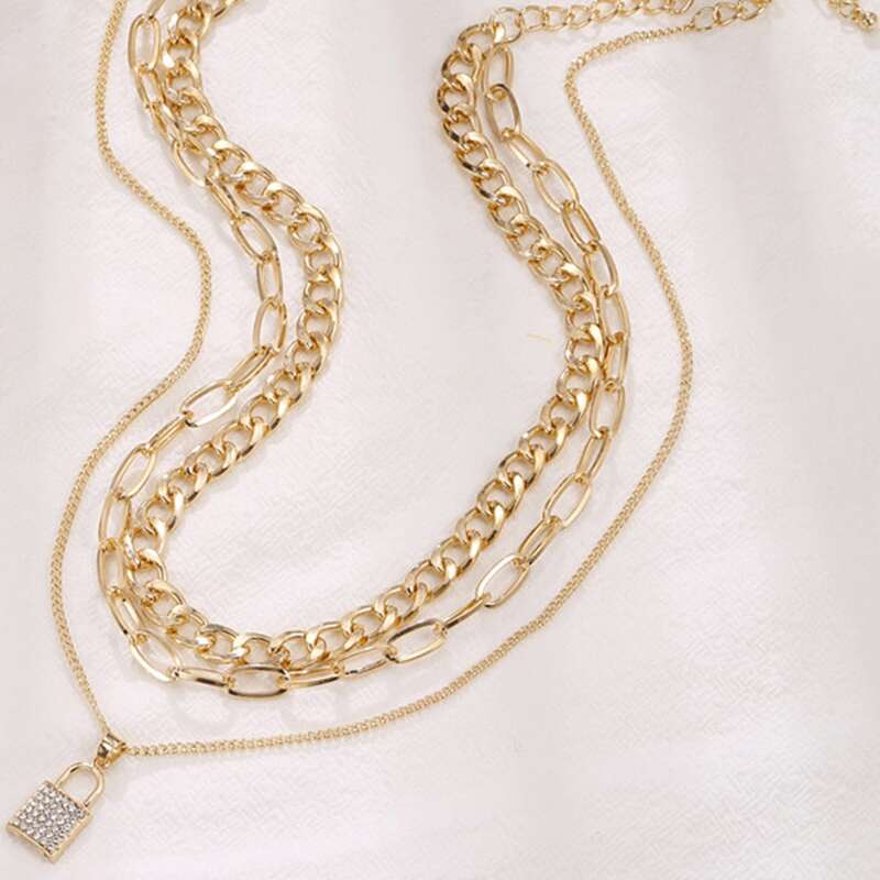 

Rhinestone Lock Layered Chain Necklace, Gold