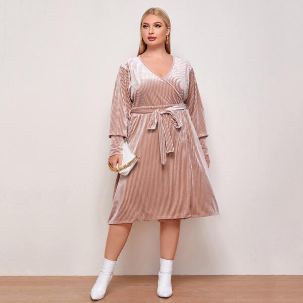 

Plus Velvet Surplice Neck Belted Dress, Coral pink