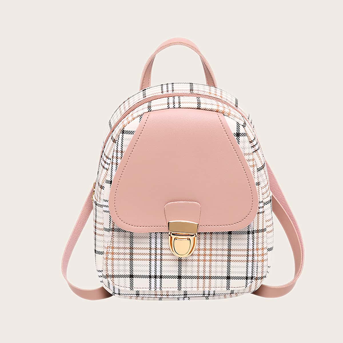 

Plaid Push Lock Backpack, Multicolor